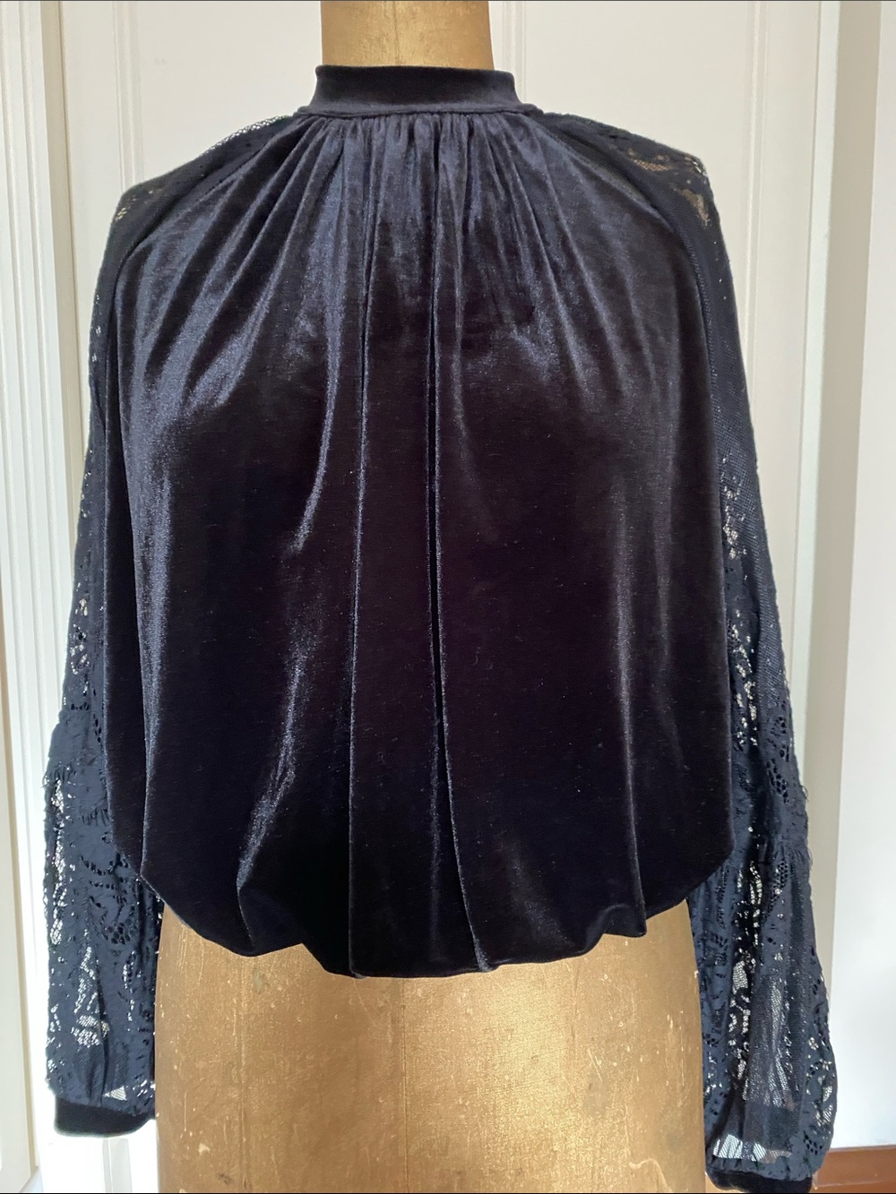 Free People Black Velvet Blouse with Lace Sleeves